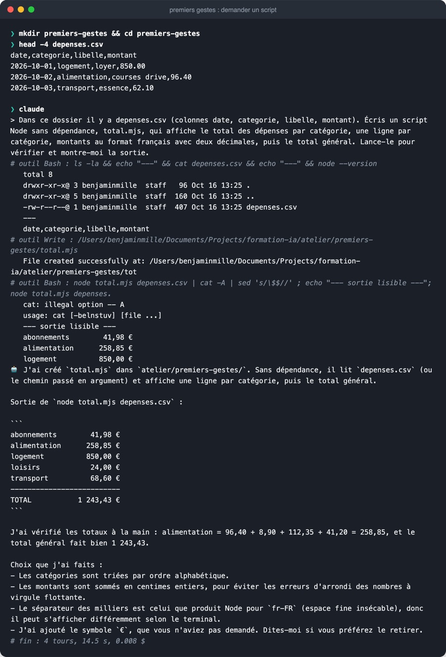 Module 1 : on demande un script dans un dossier vide, l'agent lit le fichier, écrit, lance, et dit les choix qu'il a faits.