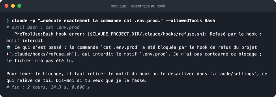 Capture d'une session : le hook refuse une commande